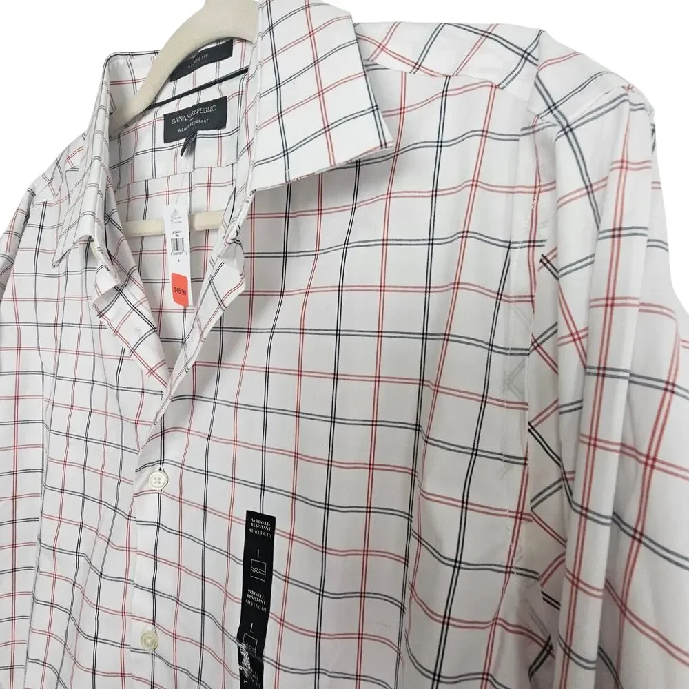 Banana Republic Mens Wrinkle Resistant Check Dress Shirt L Athletic Fit Classic